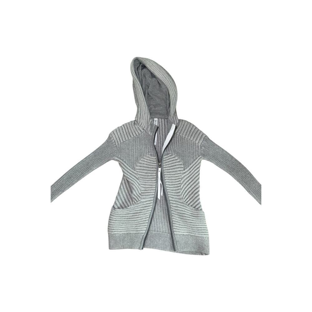 Lululemon Athletica Knit Hooded Zip Sweater Size 2 Gray Cotton Ribbed Cardigan - Picture 2 of 6